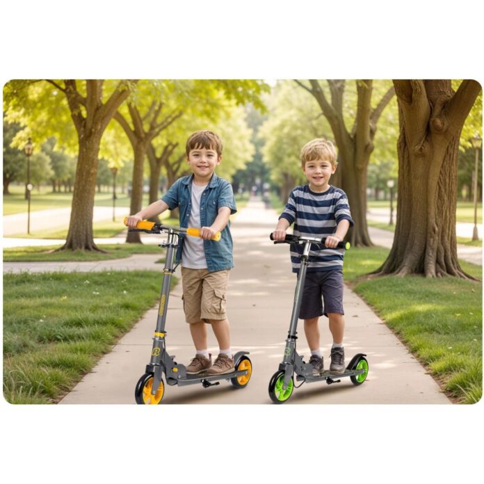 Trotineta pentru copii Ricokids Kodi GriGalben pliabila, inaltime ghidon reglabila, platforma antiderapanta, roti din PU rezistente, rulmenti ABEC-7, 2 frane de mana si picior, manere ergonomice pliabile si cric