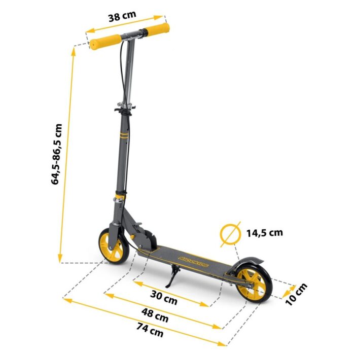 Trotineta pentru copii Ricokids Kodi GriGalben pliabila, inaltime ghidon reglabila, platforma antiderapanta, roti din PU rezistente, rulmenti ABEC-7, 2 frane de mana si picior, manere ergonomice pliabile si cric Trotineta pentru copii Ricokids Kodi GriGalben pliabila, inaltime ghidon reglabila, platforma antiderapanta, roti din PU rezistente, rulmenti ABEC-7, 2 frane de mana si picior, manere ergonomice pliabile si cric