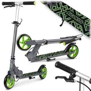 Trotineta pentru copii Ricokids Kodi NegruVerde pliabila, inaltime ghidon reglabila, platforma antiderapanta, roti din PU rezistente, rulmenti ABEC-7, 2 frane de mana si picior, manere ergonomice pliabile si cric Trotineta pentru copii Ricokids Kodi NegruVerde pliabila, inaltime ghidon reglabila, platforma antiderapanta, roti din PU rezistente, rulmenti ABEC-7, 2 frane de mana si picior, manere ergonomice pliabile si cric