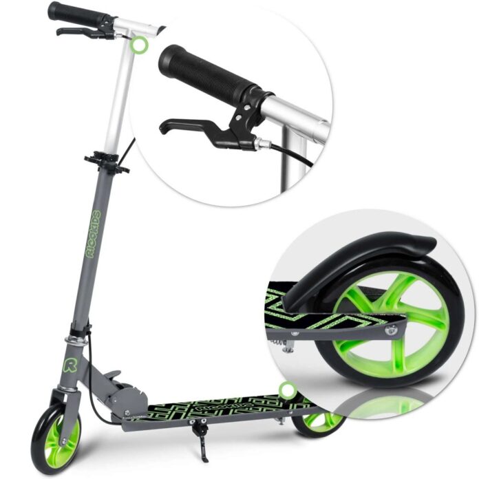 Trotineta pentru copii Ricokids Kodi NegruVerde pliabila, inaltime ghidon reglabila, platforma antiderapanta, roti din PU rezistente, rulmenti ABEC-7, 2 frane de mana si picior, manere ergonomice pliabile si cric