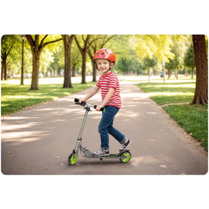 Trotineta pentru copii Ricokids Kodi NegruVerde pliabila, inaltime ghidon reglabila, platforma antiderapanta, roti din PU rezistente, rulmenti ABEC-7, 2 frane de mana si picior, manere ergonomice pliabile si cric