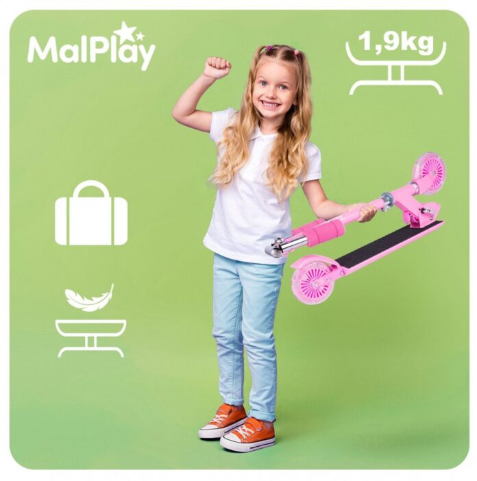 Trotineta pliabila si reglabila pentru copii Malplay Pink, cu lumini LED