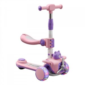 Trotineta 3 in 1 pentru copii, Nichiduta, pliabila, cu ghidon reglabil, manerele ergonomice, muzica, roti silentioase din PU cu lumini LED, echipata cu scaunel si maner parental, dimensiune 59 x 30 x 73cm, Green Bear Trotineta 3 in 1 pentru copii, Nichiduta, pliabila, cu ghidon reglabil, manerele ergonomice, muzica, roti silentioase din PU cu lumini LED, echipata cu scaunel si maner parental, dimensiune 59 x 30 x 73cm, Green Bear