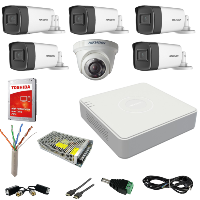 Sistem supraveghere Hikvision 6 camere Turbo HD 2MP, 5 camere exterior IR80m si 1 camera interior IR20m, HARD 1TB Sistem supraveghere Hikvision 6 camere Turbo HD 2MP, 5 camere exterior IR80m si 1 camera interior IR20m, HARD 1TB