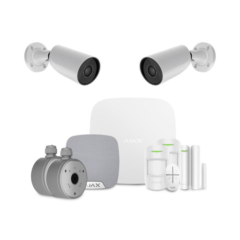 Sistem alarma wireless si camere exterior IP Ajax CCTV Intrusion Security, 2 camere, 8 MP, 2.8 mm, IR 35 m, microfon, slot card, detectie om/vehicul/animal prin AI, pet immunity, 868 MHz, buton de panica