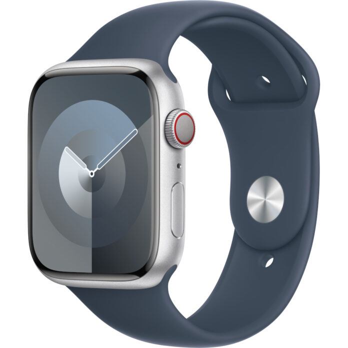Apple Watch S9, Cellular, 45mm, Silver Aluminium Case, Storm Blue Sport Band, S/M Apple Watch S9, Cellular, 45mm, Silver Aluminium Case, Storm Blue Sport Band, S/M