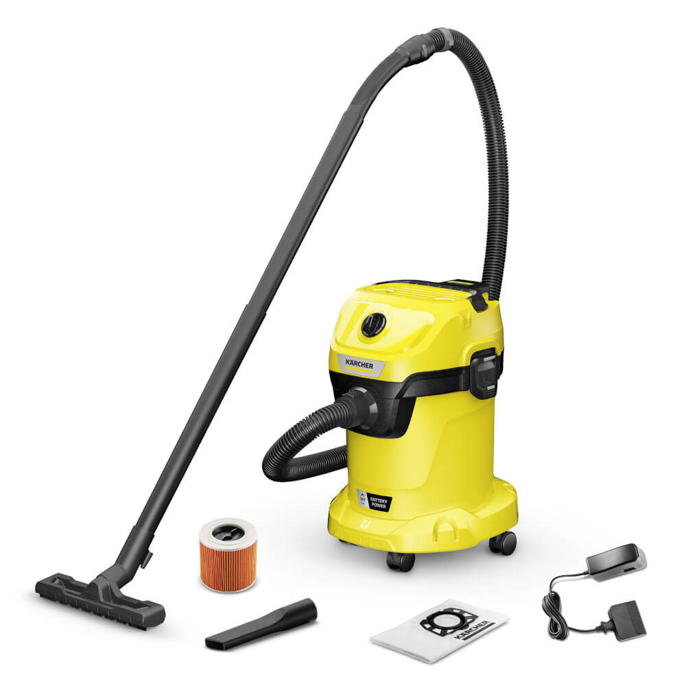 Aspirator umed/uscat Karcher WD 3-18 Battery Set, Acumulator Li-Ion, 18 V, Maner detasabil, Duza spatii inguste, Galben Aspirator umed/uscat Karcher WD 3-18 Battery Set, Acumulator Li-Ion, 18 V, Maner detasabil, Duza spatii inguste, Galben