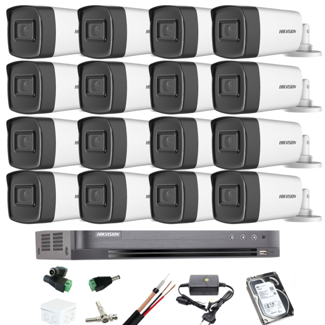 Kit complet 16 camere supraveghere exterior 5MP TURBO HD HIKVISION 40 m IR, accesorii +hard 4TB Kit complet 16 camere supraveghere exterior 5MP TURBO HD HIKVISION 40 m IR, accesorii +hard 4TB