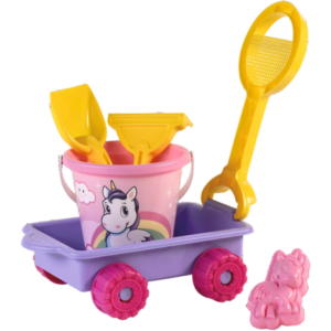 Carucior Unicorn cu unelte pentru apa si nisip si galetusa incluse Carucior Unicorn cu unelte pentru apa si nisip si galetusa incluse
