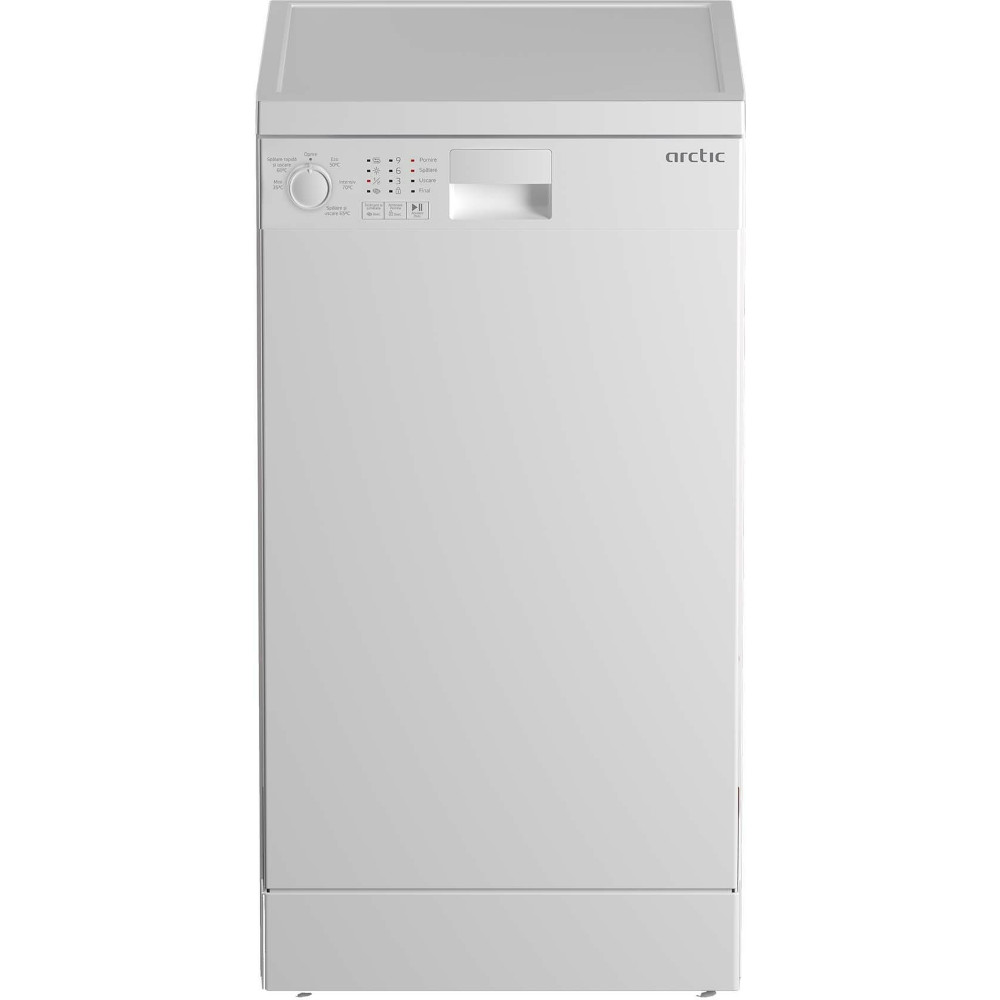 Masina de spalat vase slim Arctic DFS0502, 10 seturi, 5 programe, Aqua Protect, Sistem dedurizare apa, Amanare pornire, Alb, Clasa E Masina de spalat vase slim Arctic DFS0502, 10 seturi, 5 programe, Aqua Protect, Sistem dedurizare apa, Amanare pornire, Alb, Clasa E