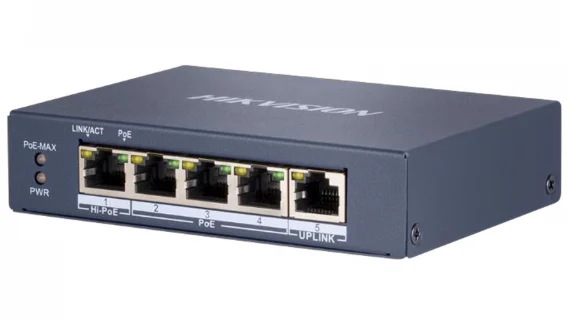 Switch cu 4 porturi PoE, Hikvision DS-3E0505HP-E, 60 W, 1 port RJ45 gigabit, carcasa metalica Switch cu 4 porturi PoE, Hikvision DS-3E0505HP-E, 60 W, 1 port RJ45 gigabit, carcasa metalica