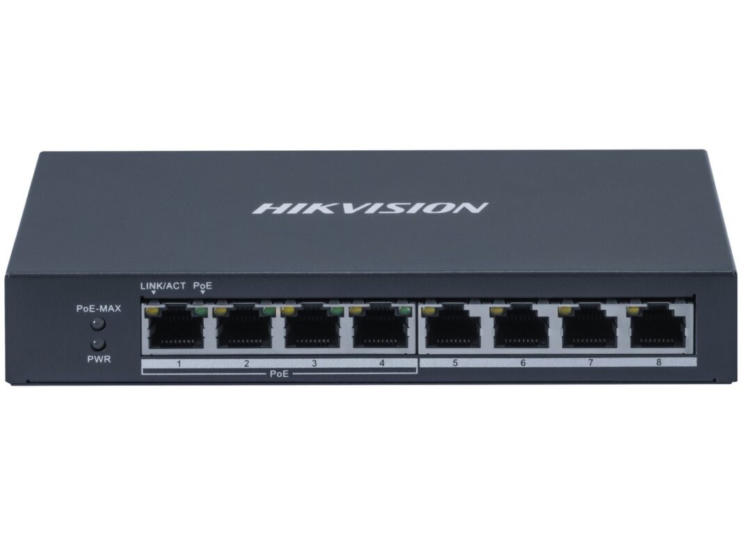 Switch PoE cu 8 porturi Hikvision, 4 porturi PoE, buget 60W PoE, carcasa metalica, DS-3E0508P-O