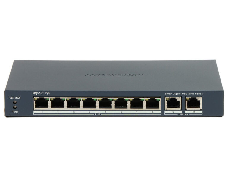Switch PoE, Hikvision DS-3E1510P-EI/M, 8 porturi Gigabit Smart PoE, 2 porturi RJ45, 60W, cu management, transmisie 300m, protectie supratensiune 6KV