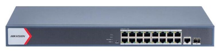 Switch PoE Hikvision DS-3E1518P-EI/M, 16 porturi PoE, 1 port RJ45, 1 port fibra optica, 130W, 300m, protectie 6kV