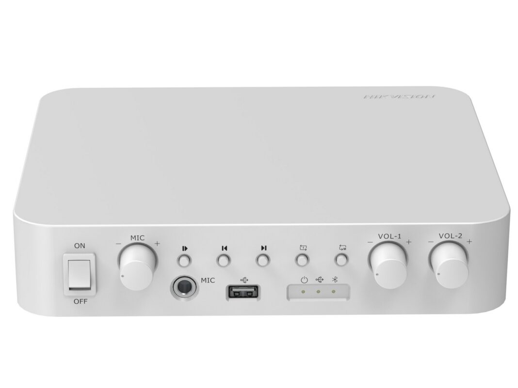 Amplificator pentru public address Hikvision DS-QAE0A60G1-VB, 60W 24VDC, 2 zone, intrare USB, Bluetooth MIC RCA, iesire 100V
