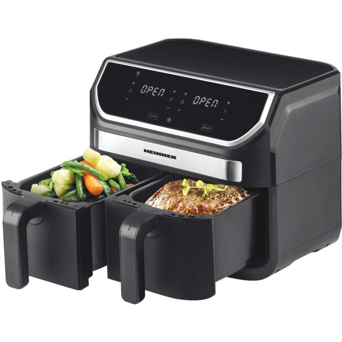 Friteuza dubla cu aer cald Heinner HAF-KDB1700BK, 1700 W, 8.5 L, Termostat reglabil, 11 programe prestabilite, Negru Friteuza dubla cu aer cald Heinner HAF-KDB1700BK, 1700 W, 8.5 L, Termostat reglabil, 11 programe prestabilite, Negru