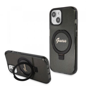 Husa MagSafe pentru Apple iPhone 15, Guess, Ring Stand Script Glitter, Neagra Husa MagSafe pentru Apple iPhone 15, Guess, Ring Stand Script Glitter, Neagra
