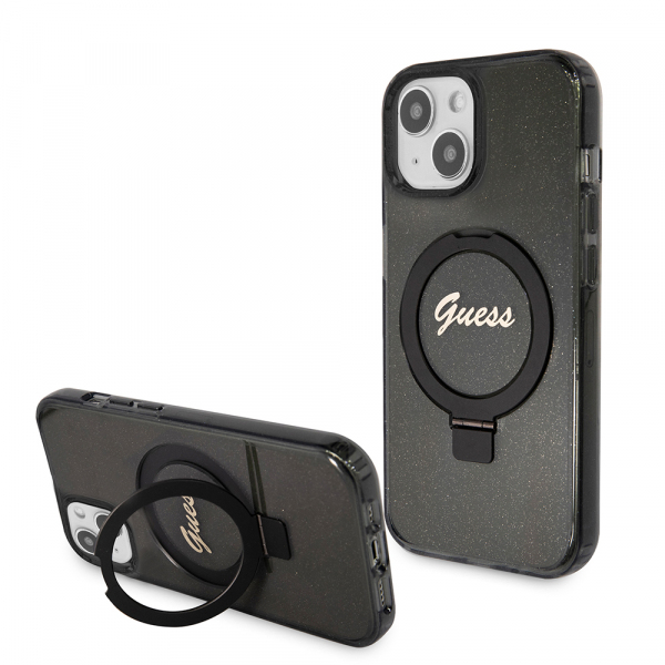 Husa MagSafe pentru Apple iPhone 15, Guess, Ring Stand Script Glitter, Neagra Husa MagSafe pentru Apple iPhone 15, Guess, Ring Stand Script Glitter, Neagra