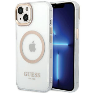 Husa MagSafe pentru Apple iPhone 15 Plus, Guess, Metal Outline, Aurie Husa MagSafe pentru Apple iPhone 15 Plus, Guess, Metal Outline, Aurie
