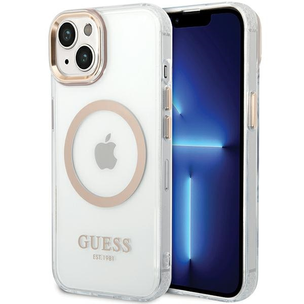 Husa MagSafe pentru Apple iPhone 15 Plus, Guess, Metal Outline, Aurie Husa MagSafe pentru Apple iPhone 15 Plus, Guess, Metal Outline, Aurie