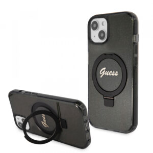Husa MagSafe pentru Apple iPhone 15 Plus, Guess, Ring Stand Script Glitter, Neagra Husa MagSafe pentru Apple iPhone 15 Plus, Guess, Ring Stand Script Glitter, Neagra