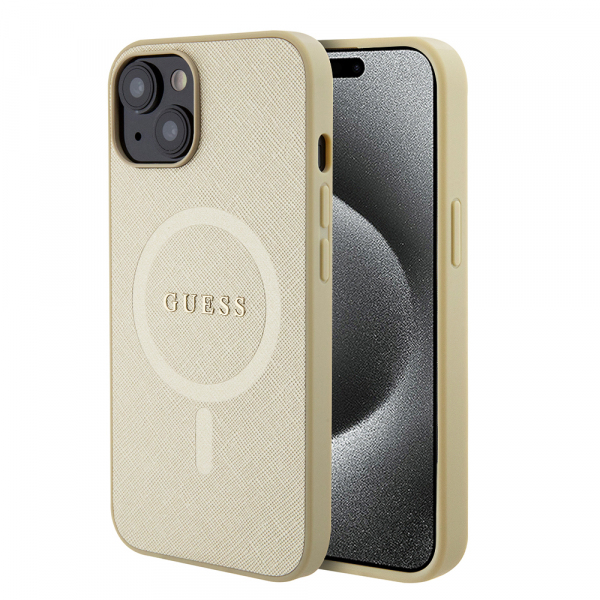 Husa MagSafe pentru Apple iPhone 15 Plus, Guess, Saffiano, Aurie Husa MagSafe pentru Apple iPhone 15 Plus, Guess, Saffiano, Aurie