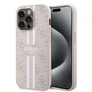 Husa MagSafe pentru Apple iPhone 15 Pro, Guess, 4G Printed Stripes, Roz Husa MagSafe pentru Apple iPhone 15 Pro, Guess, 4G Printed Stripes, Roz