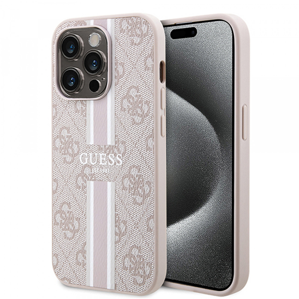 Husa MagSafe pentru Apple iPhone 15 Pro, Guess, 4G Printed Stripes, Roz Husa MagSafe pentru Apple iPhone 15 Pro, Guess, 4G Printed Stripes, Roz