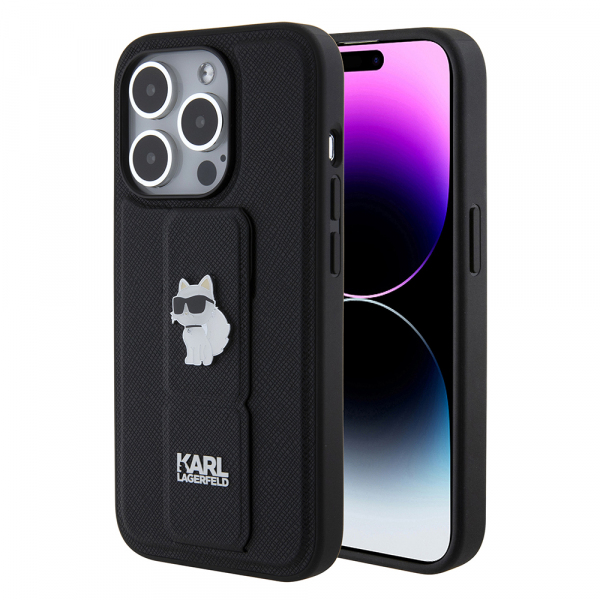 Husa MagSafe pentru Apple iPhone 15 Pro, Karl Lagerfeld, Saffiano Gripstand Choupette, Neagra Husa MagSafe pentru Apple iPhone 15 Pro, Karl Lagerfeld, Saffiano Gripstand Choupette, Neagra