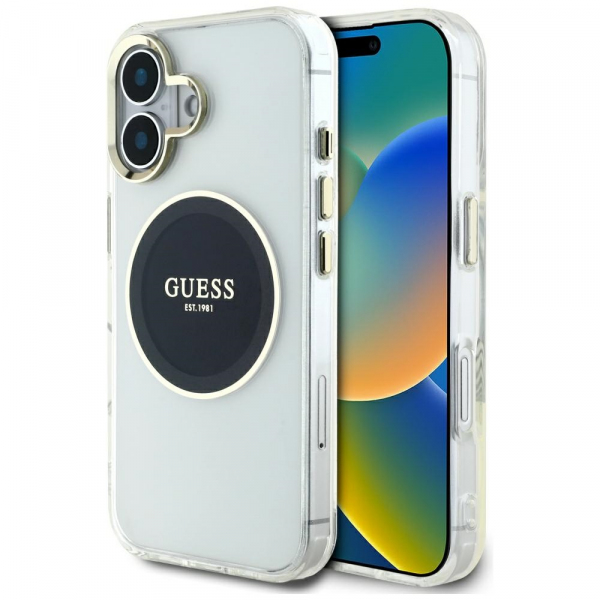 Husa MagSafe pentru Apple iPhone 16, Guess, IML Metal Colored Circle, Roz Husa MagSafe pentru Apple iPhone 16, Guess, IML Metal Colored Circle, Roz