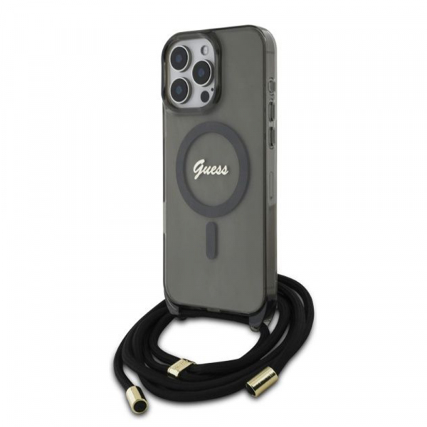 Husa MagSafe pentru Apple iPhone 16 Pro, Guess, IML Crossbody Cord Script, Neagra Husa MagSafe pentru Apple iPhone 16 Pro, Guess, IML Crossbody Cord Script, Neagra