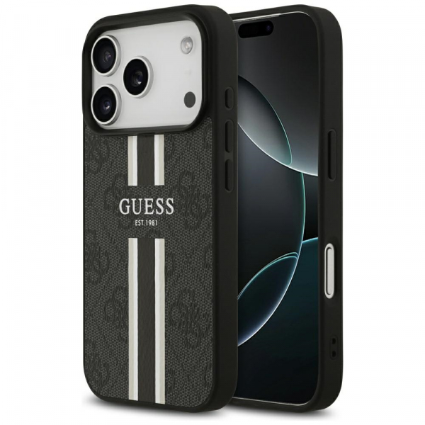 Husa MagSafe pentru Apple iPhone 17 Pro Max, Guess, 4G Printed Stripes, Neagra Husa MagSafe pentru Apple iPhone 17 Pro Max, Guess, 4G Printed Stripes, Neagra