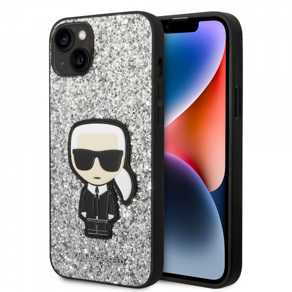 Husa pentru Apple iPhone 14 Plus, Karl Lagerfeld, Glitter Flakes Ikonik Karl, Argintie Husa pentru Apple iPhone 14 Plus, Karl Lagerfeld, Glitter Flakes Ikonik Karl, Argintie