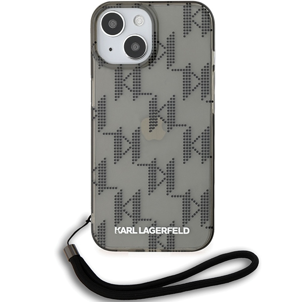 Husa pentru Apple iPhone 15, Karl Lagerfeld, IML Luxury Monogram KL Pattern with Strap, Neagra Husa pentru Apple iPhone 15, Karl Lagerfeld, IML Luxury Monogram KL Pattern with Strap, Neagra
