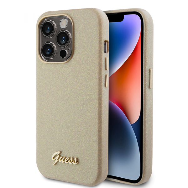 Husa pentru Apple iPhone 15 Pro, Guess, Glitter Glossy Script, Bej Husa pentru Apple iPhone 15 Pro, Guess, Glitter Glossy Script, Bej