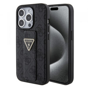 Husa pentru Apple iPhone 15, Guess, Grip Stand 4G Triangle Strass, Neagra Husa pentru Apple iPhone 15, Guess, Grip Stand 4G Triangle Strass, Neagra