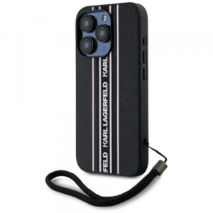 Husa pentru Apple iPhone 15, Karl Lagerfeld, Saffiano Athleisure Stripes with Strap, Negru/Roz Husa pentru Apple iPhone 15, Karl Lagerfeld, Saffiano Athleisure Stripes with Strap, Negru/Roz
