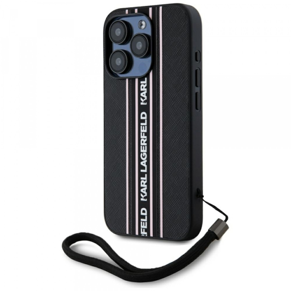 Husa pentru Apple iPhone 15, Karl Lagerfeld, Saffiano Athleisure Stripes with Strap, Negru/Roz Husa pentru Apple iPhone 15, Karl Lagerfeld, Saffiano Athleisure Stripes with Strap, Negru/Roz