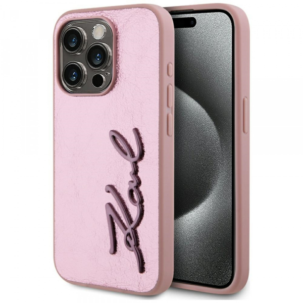 Husa pentru Apple iPhone 15 Pro, Karl Lagerfeld, Metal Signature, Roz Husa pentru Apple iPhone 15 Pro, Karl Lagerfeld, Metal Signature, Roz