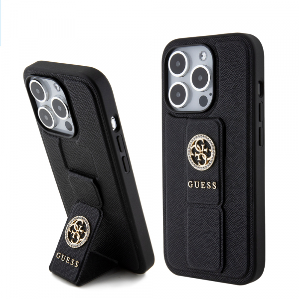 Husa pentru Apple iPhone 15 Pro Max, Guess, Grip Stand 4G Saffiano Strass, Neagra Husa pentru Apple iPhone 15 Pro Max, Guess, Grip Stand 4G Saffiano Strass, Neagra