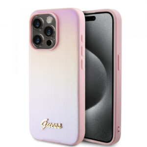 Husa pentru Apple iPhone 15 Pro Max, Guess, Iridescent Metal Script, Roz Husa pentru Apple iPhone 15 Pro Max, Guess, Iridescent Metal Script, Roz