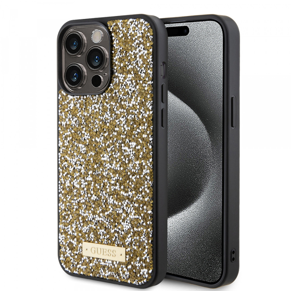 Husa pentru Apple iPhone 15 Pro Max, Guess, Rhinestone Metal Logo, Galbena Husa pentru Apple iPhone 15 Pro Max, Guess, Rhinestone Metal Logo, Galbena