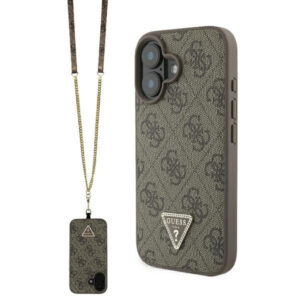 Husa pentru Apple iPhone 16, Guess, Crossbody 4G Triangle Strass, Roz Husa pentru Apple iPhone 16, Guess, Crossbody 4G Triangle Strass, Roz