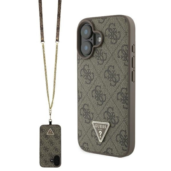Husa pentru Apple iPhone 16, Guess, Crossbody 4G Triangle Strass, Roz Husa pentru Apple iPhone 16, Guess, Crossbody 4G Triangle Strass, Roz