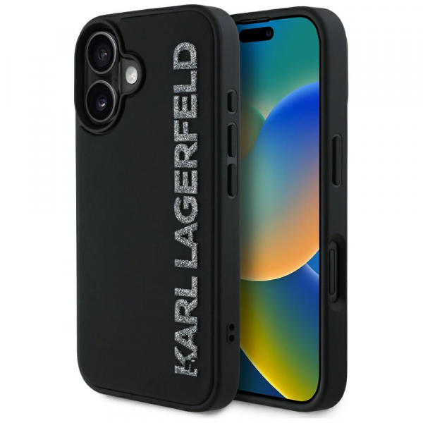 Husa pentru Apple iPhone 16, Karl Lagerfeld, 3D Rubber Elongated Gliiter Logo, Neagra Husa pentru Apple iPhone 16, Karl Lagerfeld, 3D Rubber Elongated Gliiter Logo, Neagra