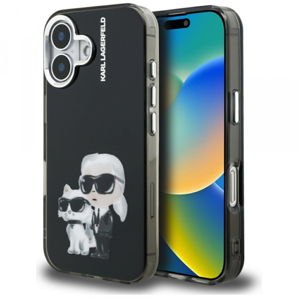 Husa pentru Apple iPhone 16, Karl Lagerfeld, IML Aquarelle Logo Karl & Choupette, Neagra Husa pentru Apple iPhone 16, Karl Lagerfeld, IML Aquarelle Logo Karl & Choupette, Neagra