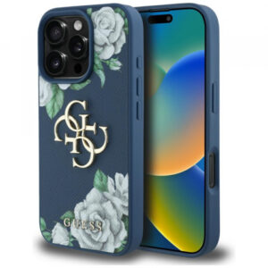 Husa pentru Apple iPhone 16, Guess, 4G Grained Roses Big Logo, Albastra Husa pentru Apple iPhone 16, Guess, 4G Grained Roses Big Logo, Albastra