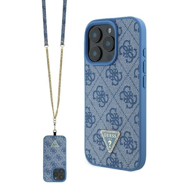 Husa pentru Apple iPhone 16 Pro, Guess, Crossbody 4G Triangle Strass, Albastra Husa pentru Apple iPhone 16 Pro, Guess, Crossbody 4G Triangle Strass, Albastra