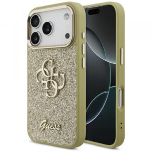 Husa pentru Apple iPhone 17 Pro, Guess, Fixed Glitter Big 4G Metal Frame, Aurie Husa pentru Apple iPhone 17 Pro, Guess, Fixed Glitter Big 4G Metal Frame, Aurie
