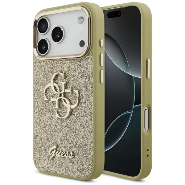 Husa pentru Apple iPhone 17 Pro, Guess, Fixed Glitter Big 4G Metal Frame, Aurie Husa pentru Apple iPhone 17 Pro, Guess, Fixed Glitter Big 4G Metal Frame, Aurie